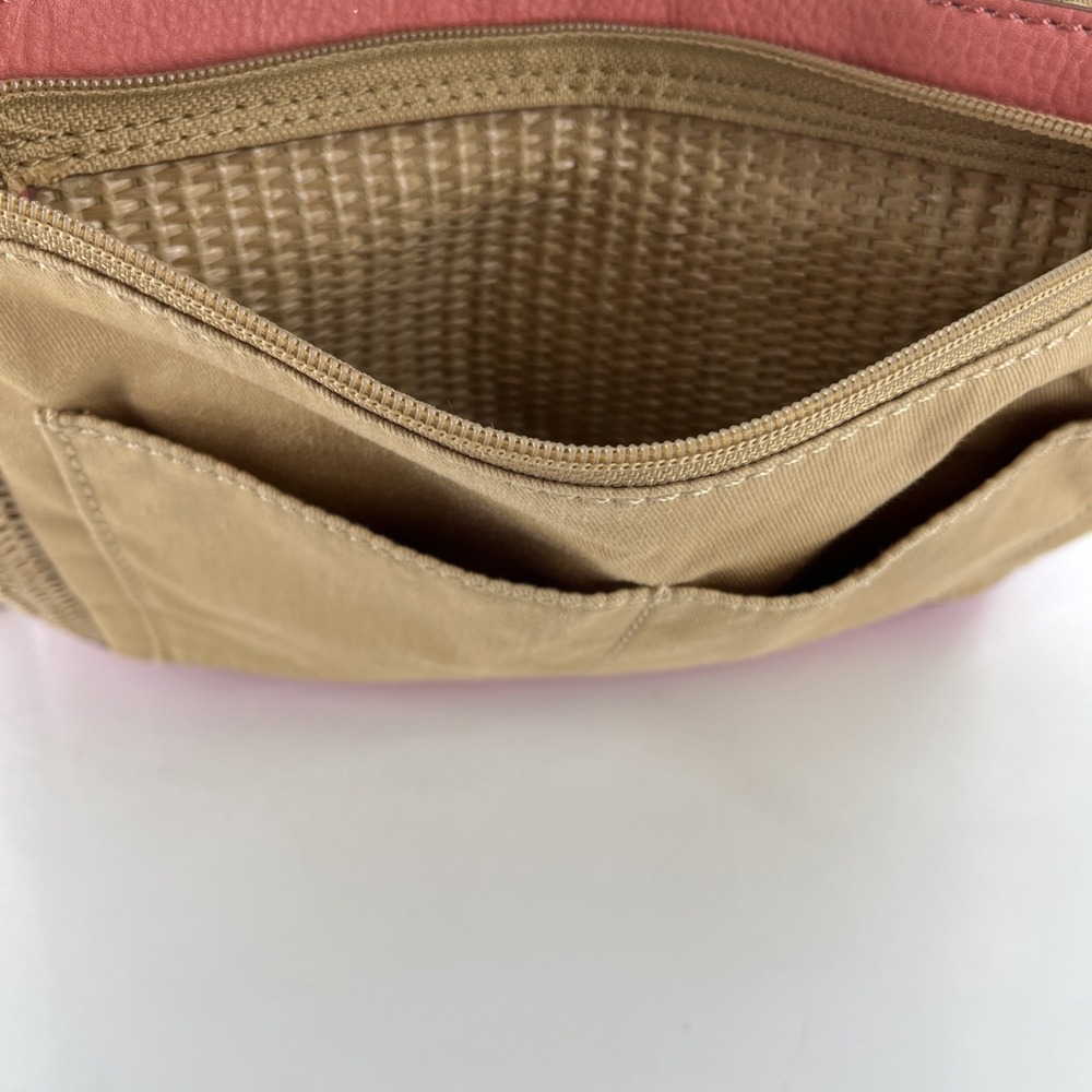 Rare Vintage Fossil Crossbody Messenger Straw & Leather Tablet Bag Pink Coral - Picture 13 of 16
